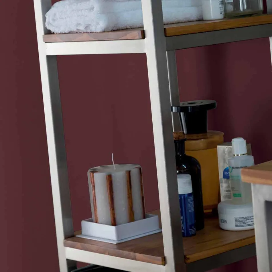 Kolonn badrumsskåp i teak och stål med 4 öppna hyllor - Tamburino Viadurini