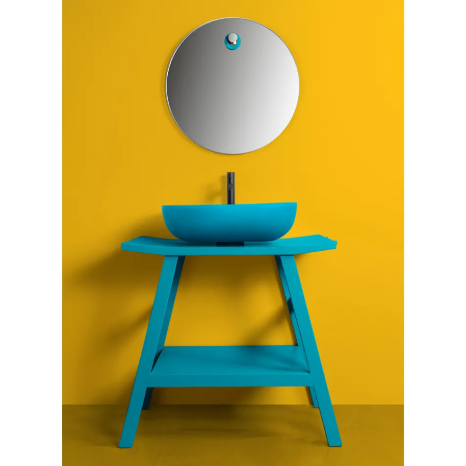 Golvstående badrumsskåp i blå teak och praktisk hylla med halvböjd topp - Crina Viadurini