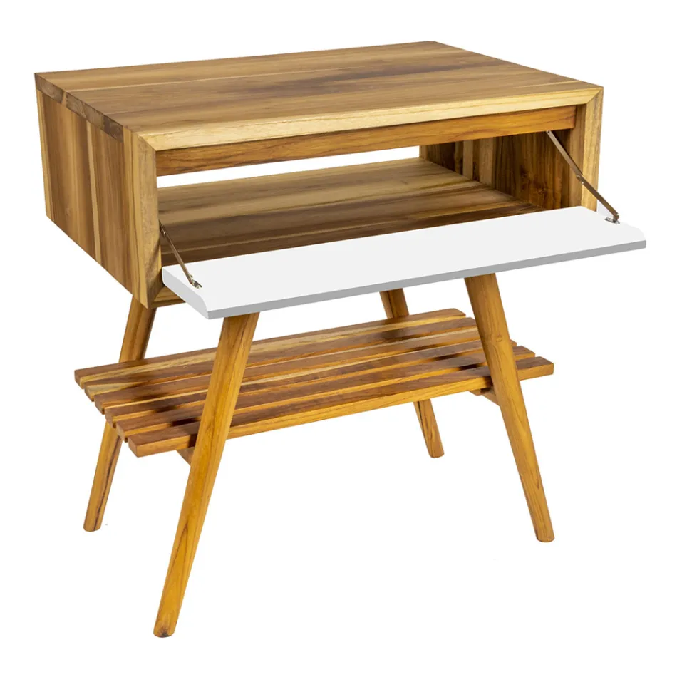 Golv badrumsskåp i återvunnen teak och vit stödskiva - Gatien Viadurini