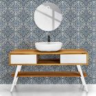 Vitt badrumsskåp i naturlig teak modern design med vita lådor - Hamadou Viadurini