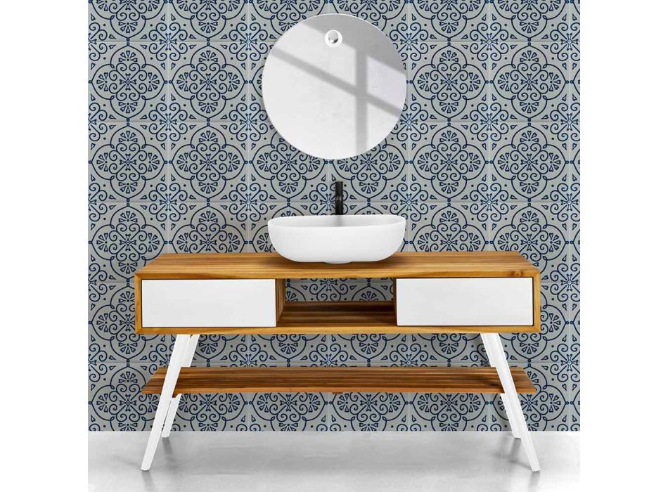 Vitt badrumsskåp i naturlig teak modern design med vita lådor - Hamadou Viadurini