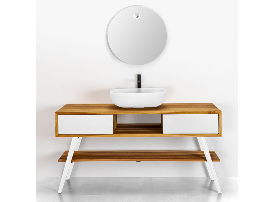 Modernt design vitt badrumsskåp i naturlig teak med vita lådor - Hamadou Viadurini