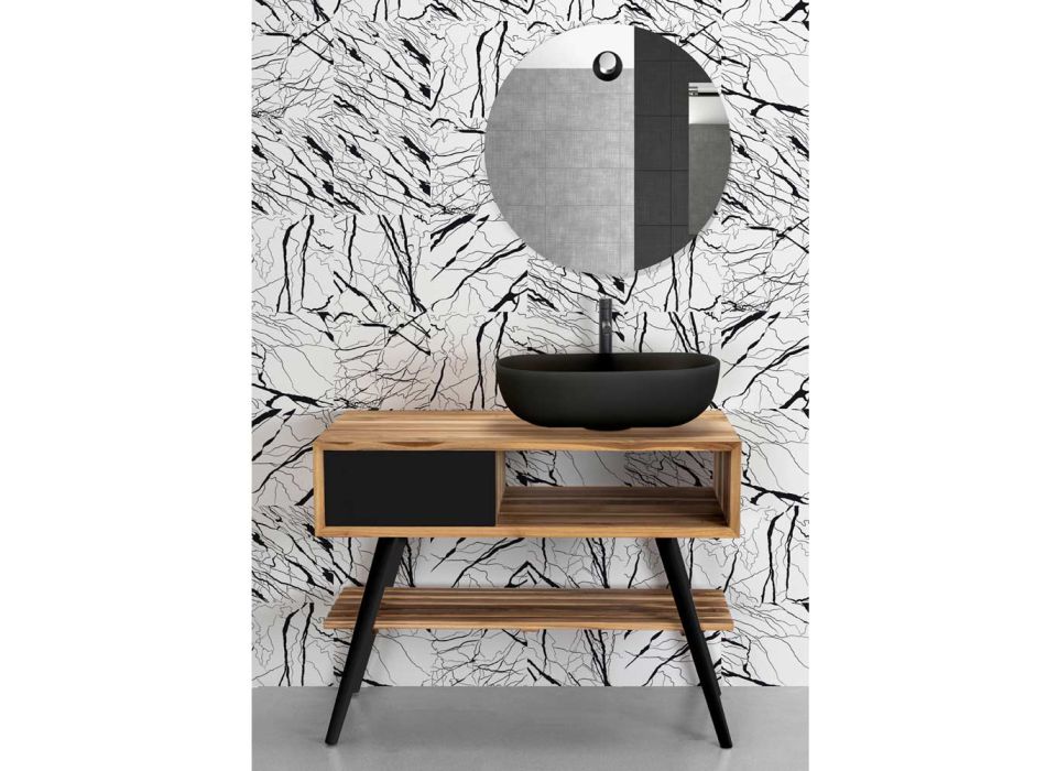 Modernt svart badrumsskåp i naturlig teak med lådor - Benoit Viadurini