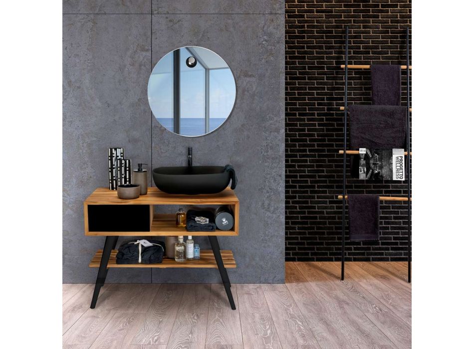 Modernt svart badrumsskåp i naturlig teak med lådor - Benoit Viadurini