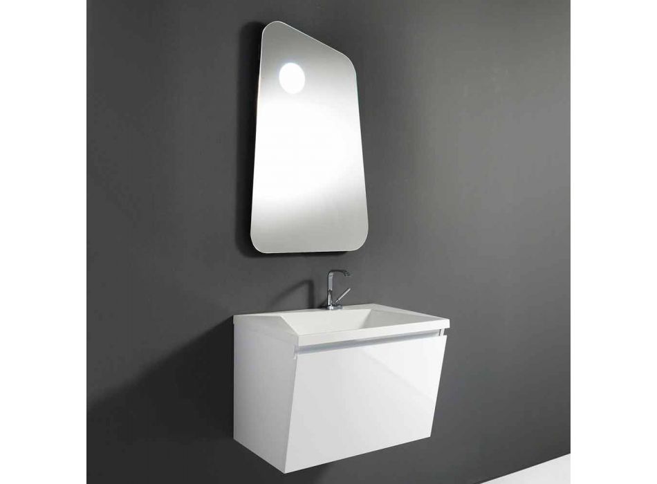 Badrumsskåp med handfat och spegel, modern design i vitt trä och harts - Fausta Viadurini