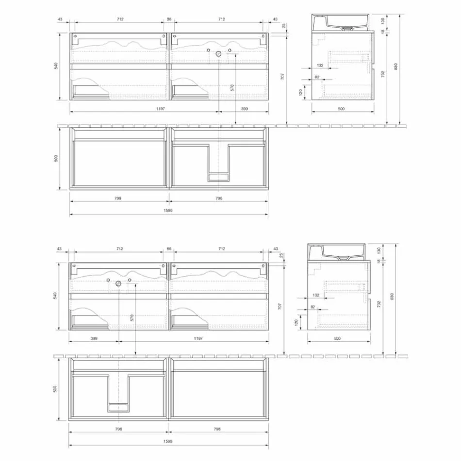 Modernt badrumsskåp med höger eller vänster tvättställ för bänkskiva 4 ytor - Alchimeo Viadurini