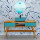 Modernt badrumsskåp i naturlig teak med blå färglåda - Hamadou Viadurini