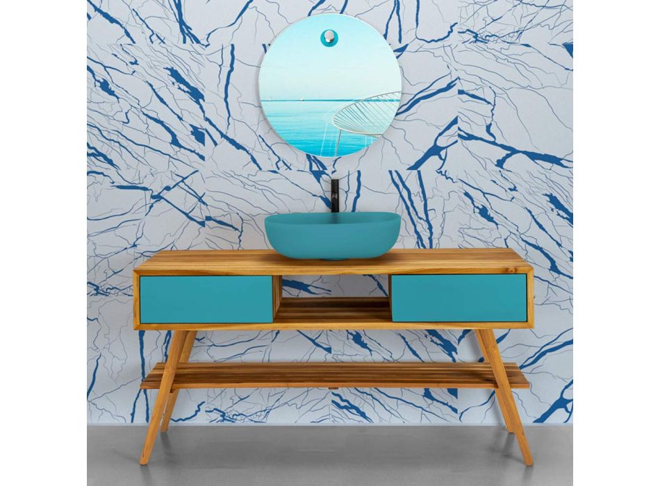 Modernt badrumsskåp i naturlig teak med blå färglåda - Hamadou Viadurini