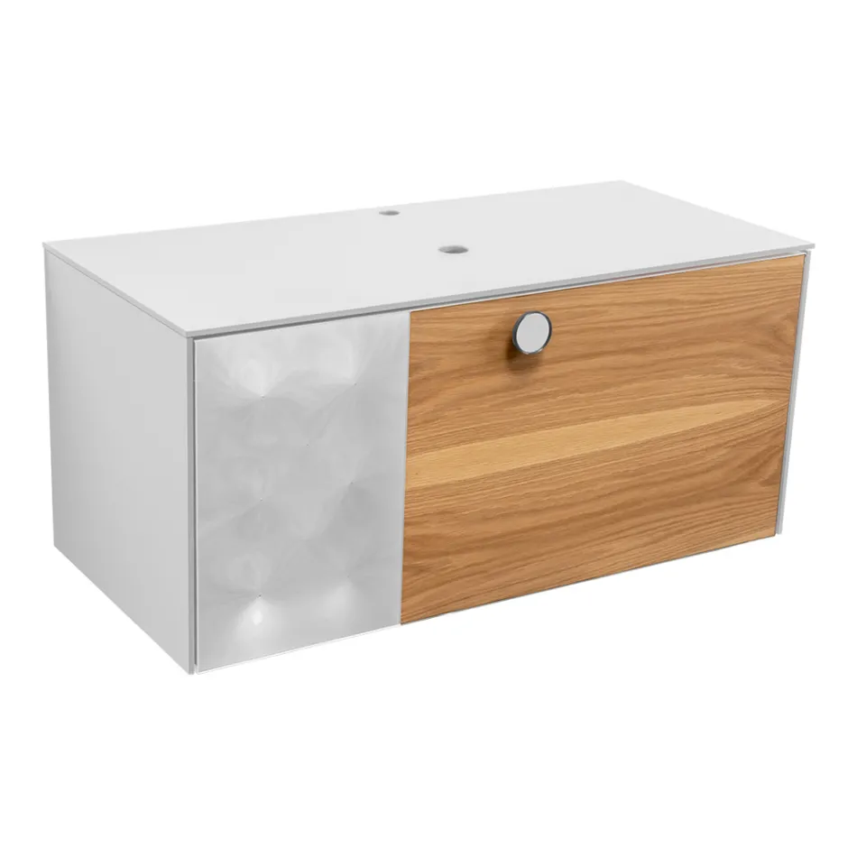 100 cm vägghängt badrumsskåp i 8 mm härdat glas och europeisk ek - Excelsior Viadurini