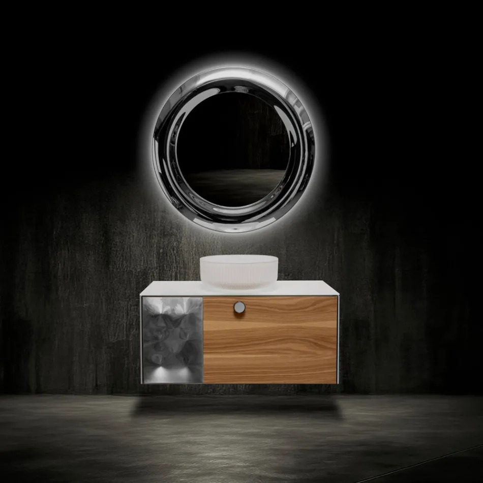 100 cm vägghängt badrumsskåp i 8 mm härdat glas och europeisk ek - Excelsior Viadurini