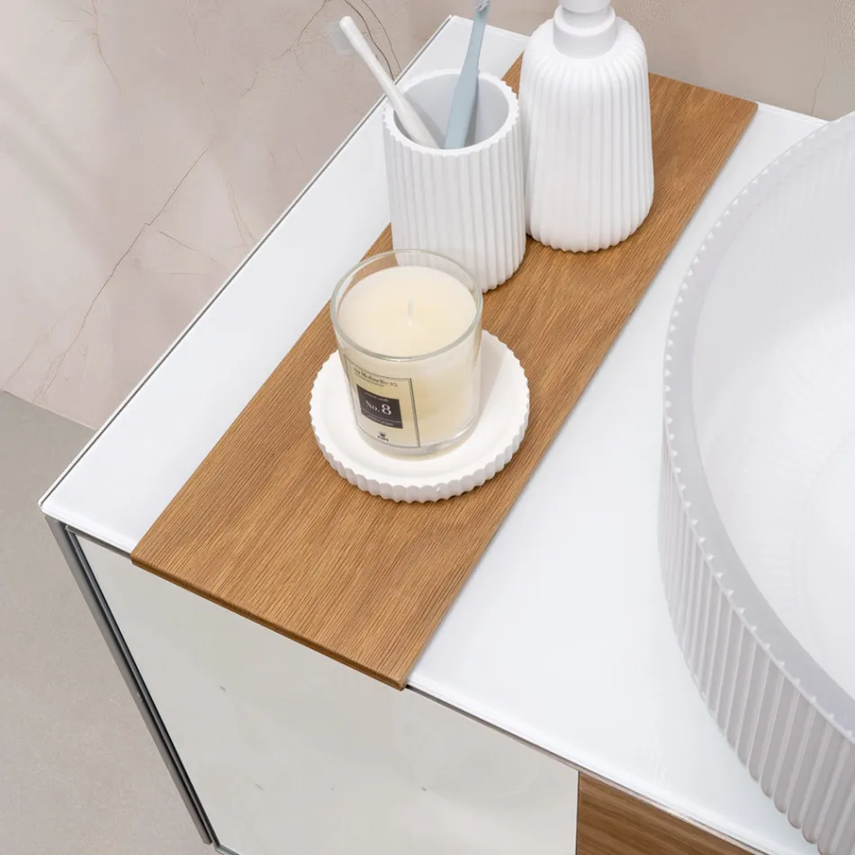 100 cm vägghängt badrumsskåp i 8 mm härdat glas och europeisk ek - Excelsior Viadurini