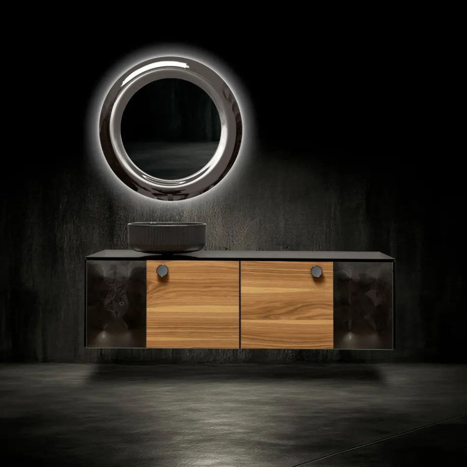 160 cm vägghängt badrumsskåp i 8 mm härdat glas och europeisk ek - Excelsior Viadurini