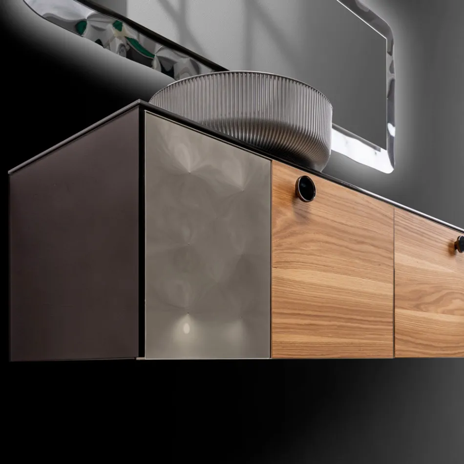 160 cm vägghängt badrumsskåp i 8 mm härdat glas och europeisk ek - Excelsior Viadurini