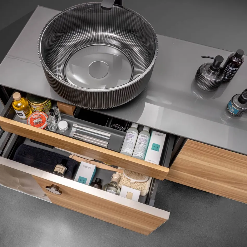 160 cm vägghängt badrumsskåp i 8 mm härdat glas och europeisk ek - Excelsior Viadurini