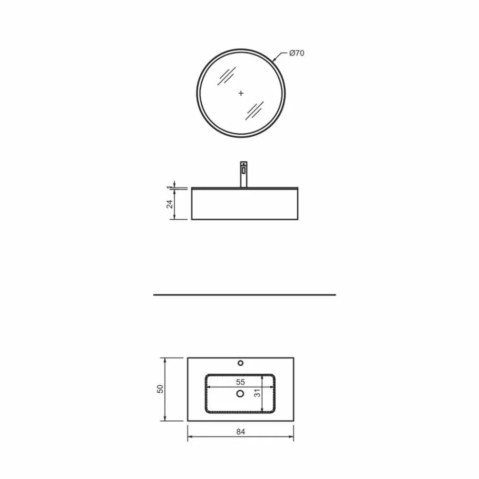 Upphängt badrumsskåp med låda och integrerat handfat och rund spegel - Renga Viadurini