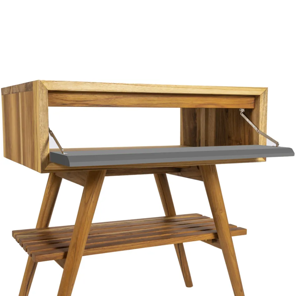 Fristående badrumsskåp i naturlig teak med grå färgstöd - Gatien Viadurini