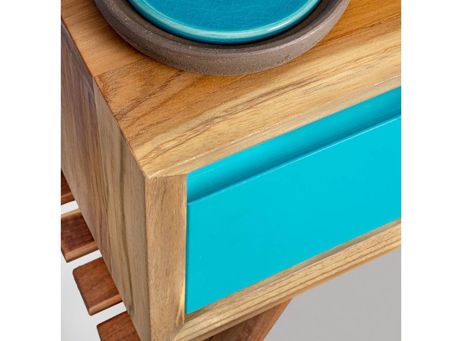 Golvstående blått badrumsskåp i naturlig teak med färgad låda - Gatien Viadurini