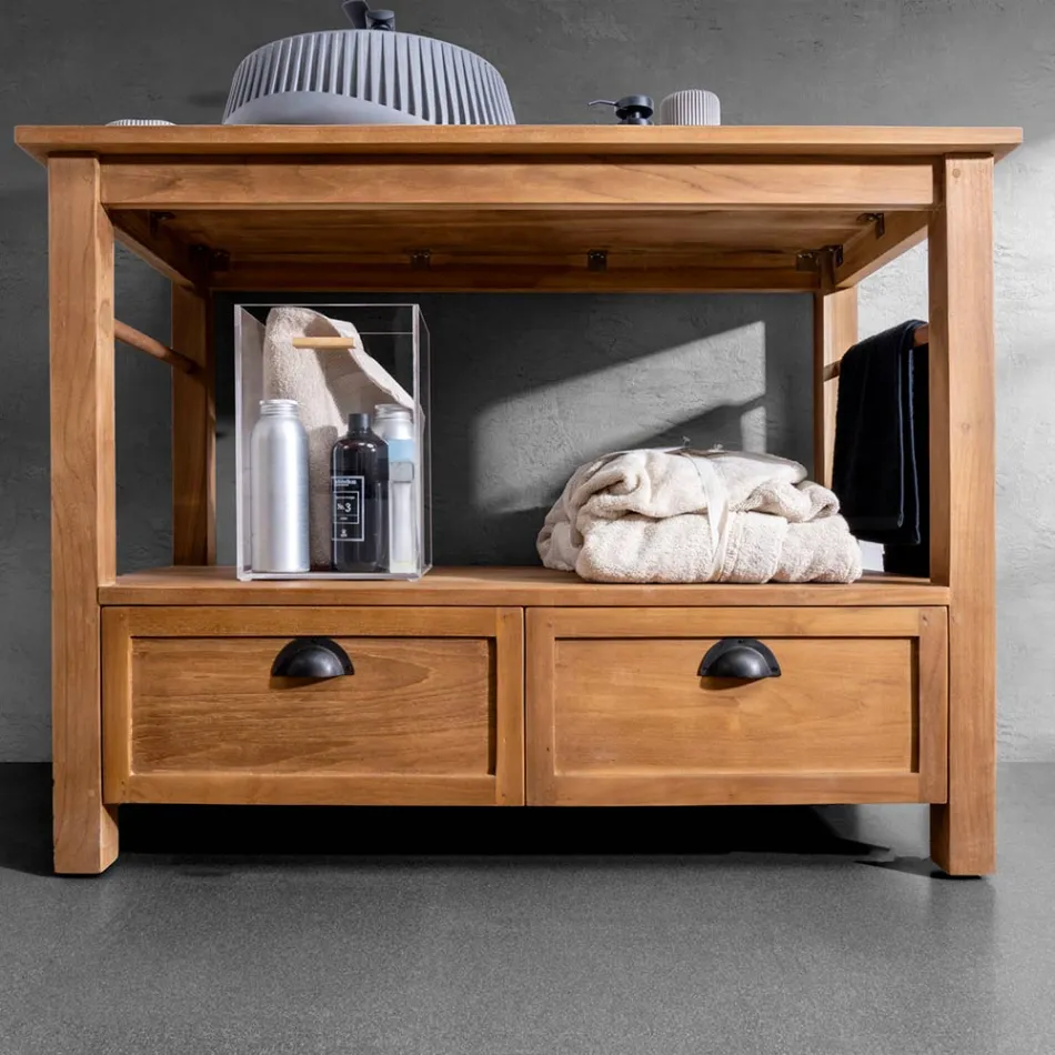 Fristående badrumsskåp av teak med två lådor - Frangipani Viadurini