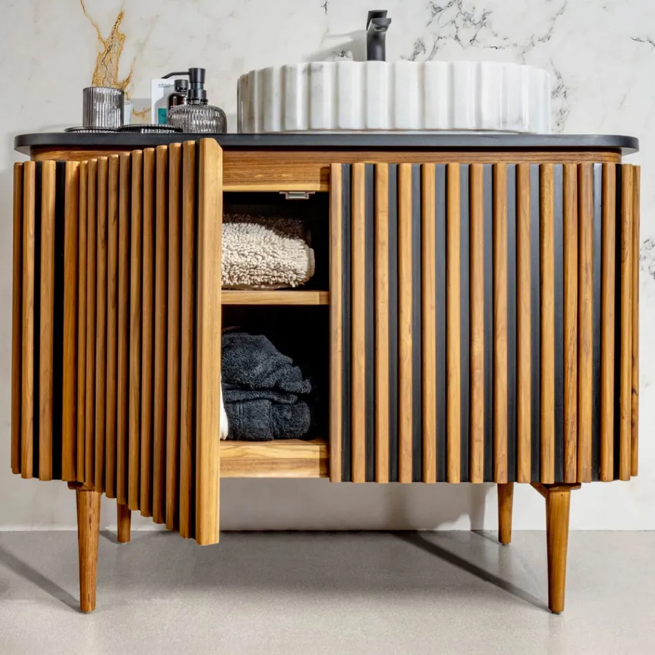 Handgjort badrumsskåp i massiv teak och mahogny - Heliconia Viadurini