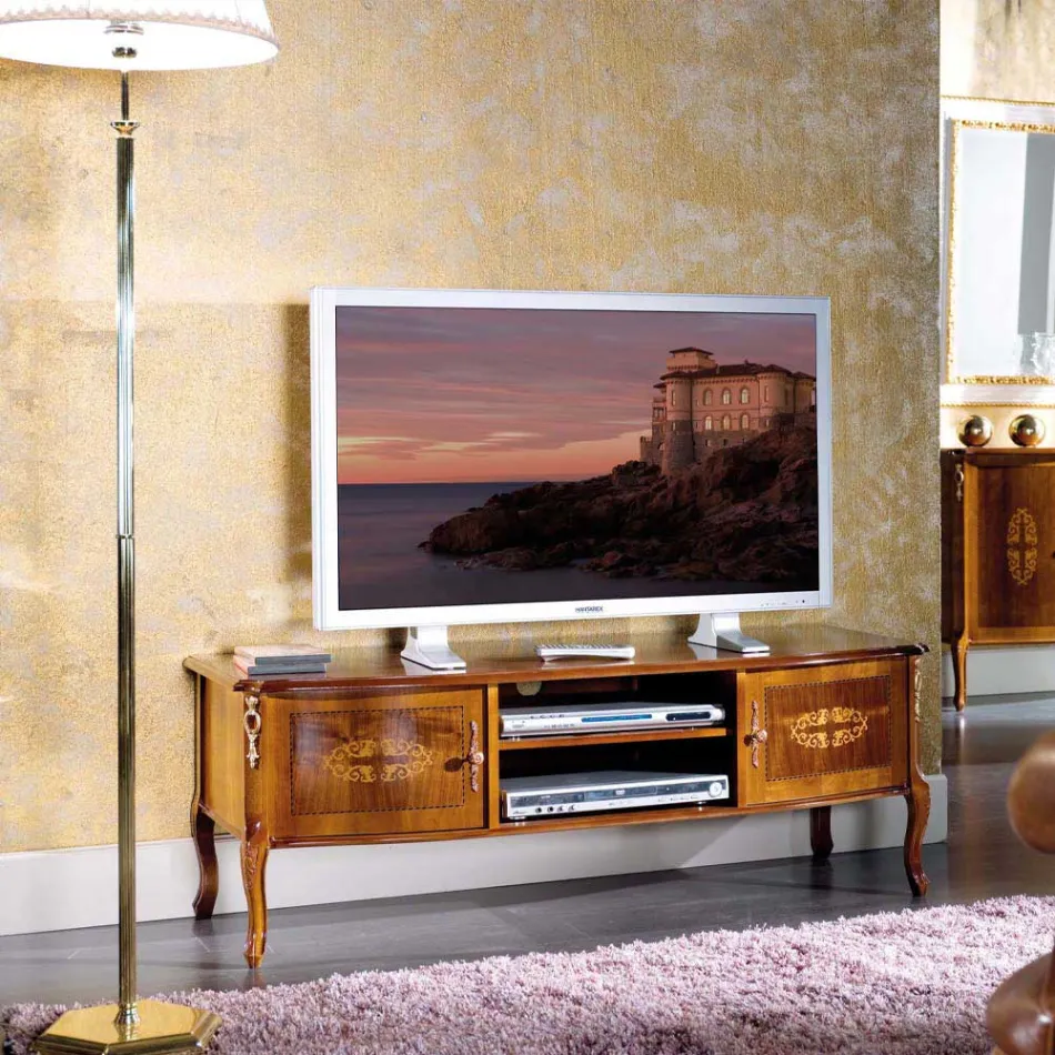 Klassiskt TV-ställ i trä med inlägg tillverkat i Italien - Katerine Viadurini