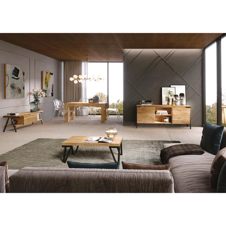 TV-bänk i knuten ek, trä och metall Tillverkad i Italien - Jennifer Viadurini