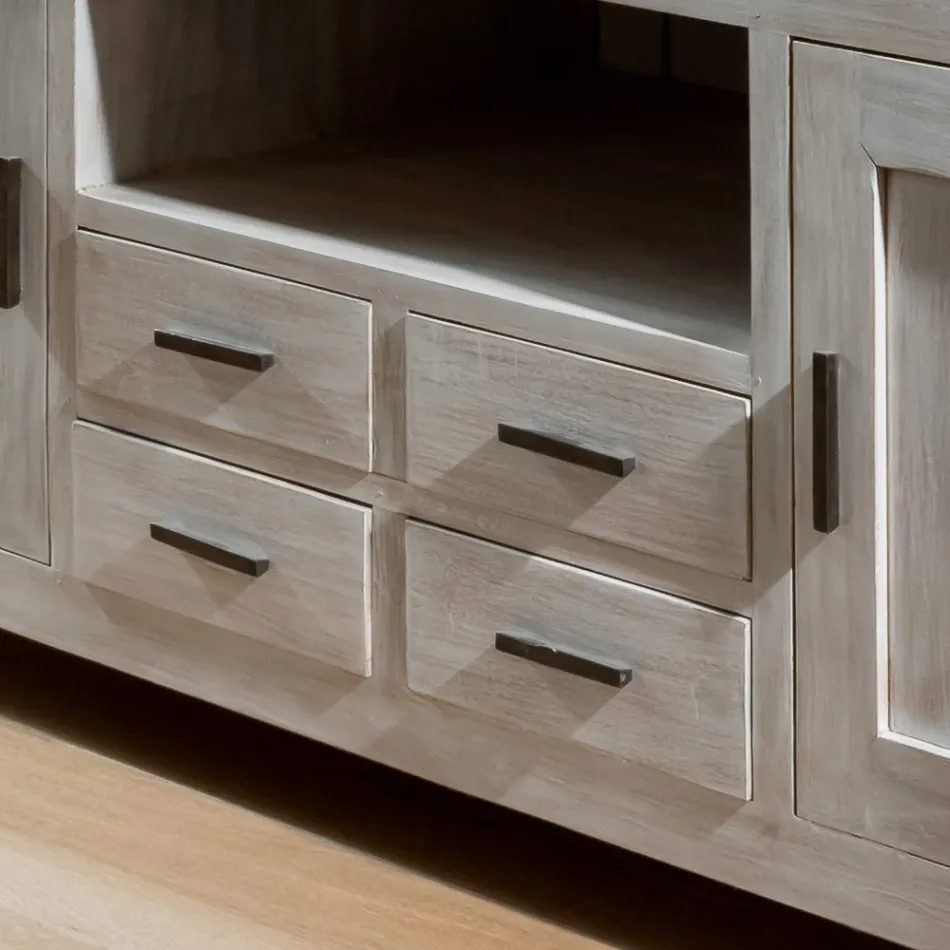 Kendo TV-bänk i massiv teak med 2 dörrar och 4 lådor Viadurini