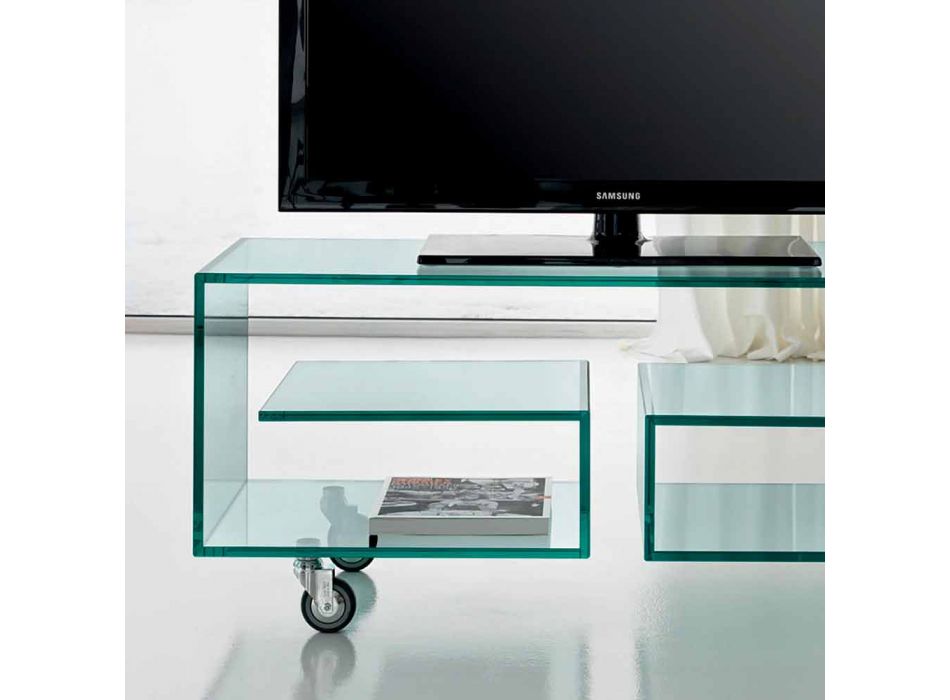 Multifunktionellt vardagsrums-TV-skåp i genomskinligt glas med hjul - Birintolo Viadurini