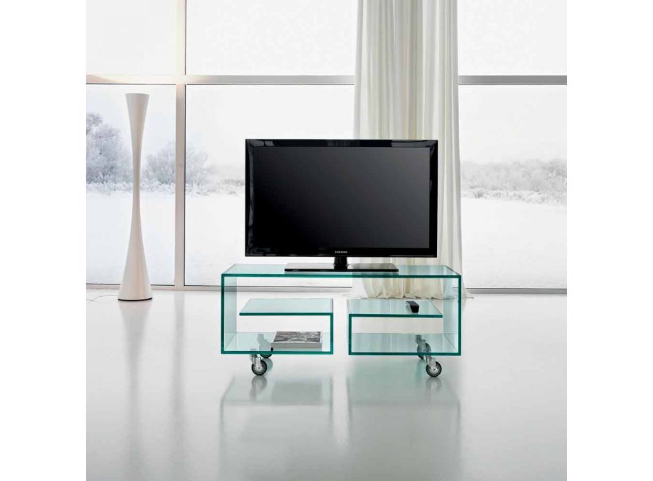 Multifunktionellt vardagsrums-TV-skåp i genomskinligt glas med hjul - Birintolo Viadurini