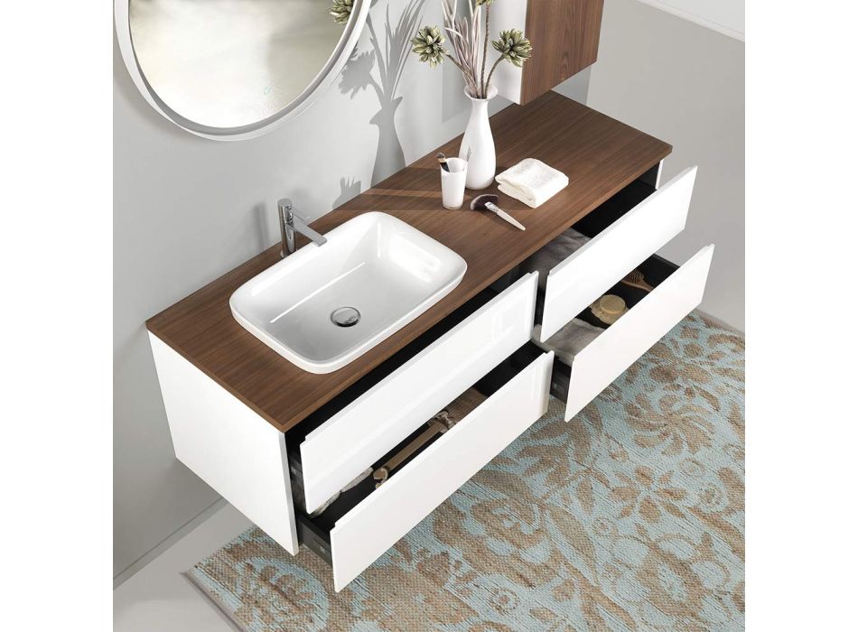 Badrumsmöbler i vitt trä och valnöt och keramik 156 cm Tillverkad i Italien - Renga Viadurini