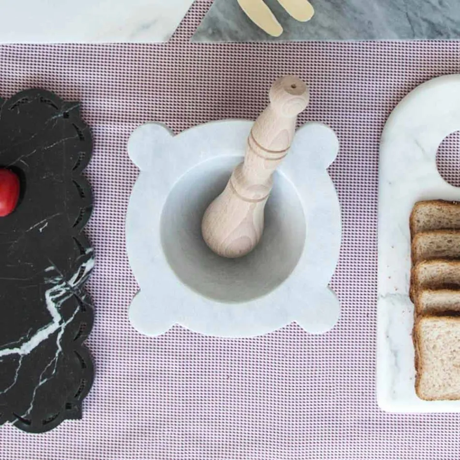 Murbruk i vit Carrara-marmor med trästöt tillverkad i Italien - Winda Viadurini