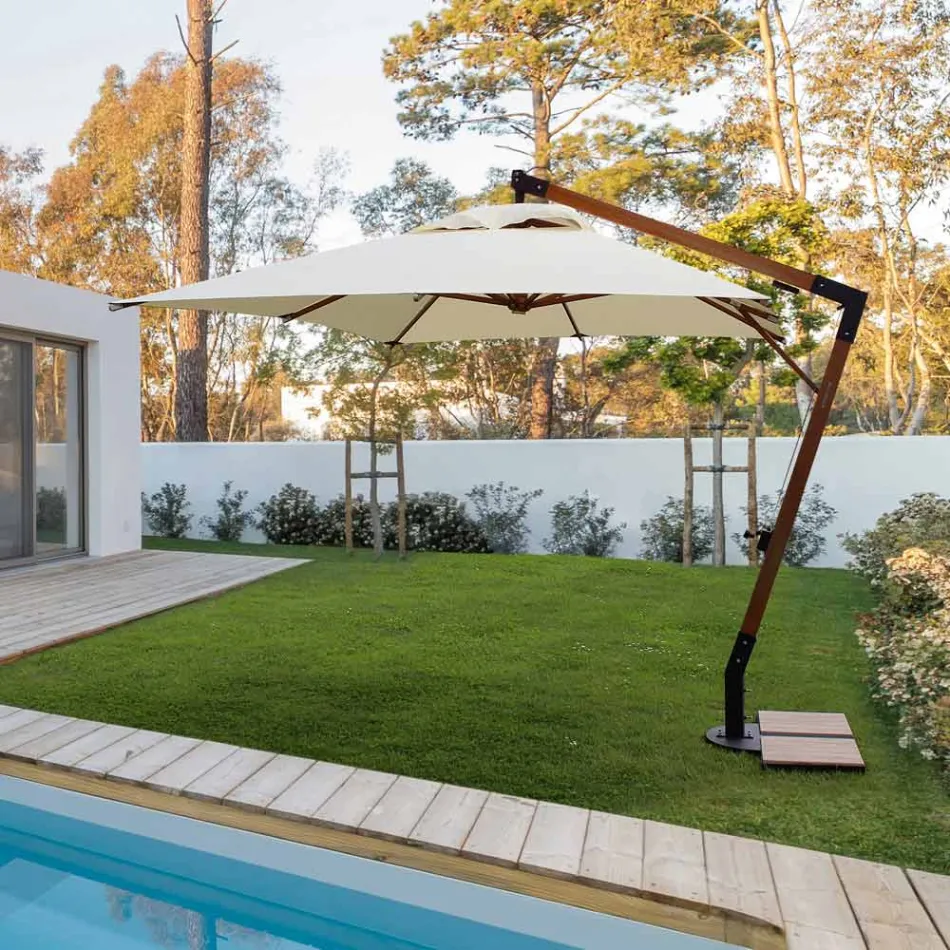 Utomhusparaply i trä och Ecru Polyester 3x4, Homemotion - Passmore Viadurini