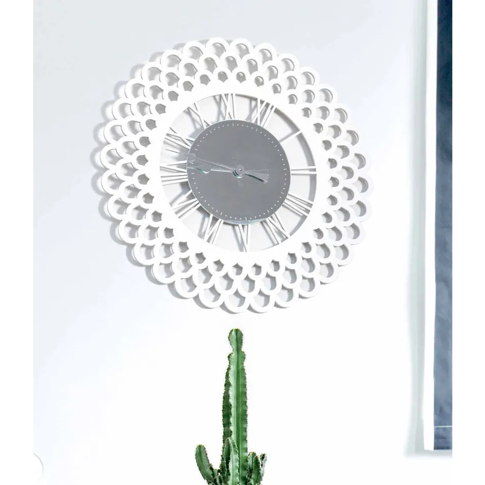Vit träväggklocka Stor och modern blommig design - Gerbera Viadurini