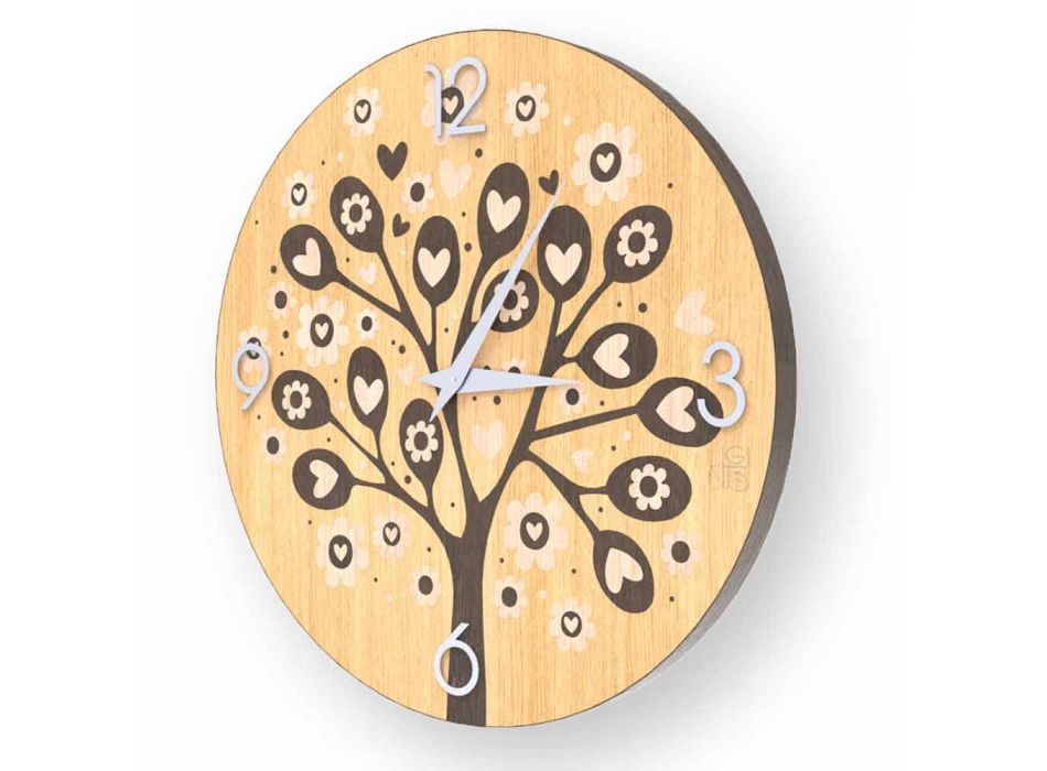 Tree of Heart vägg design klocka, tillverkad av trä, gjord av Italien Viadurini