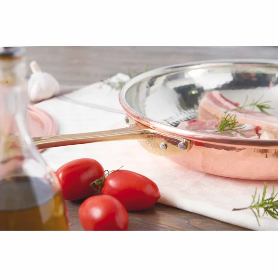 Hand konserverad koppar rund stekpanna med handtag och lock 28 cm - Gianluigi Viadurini