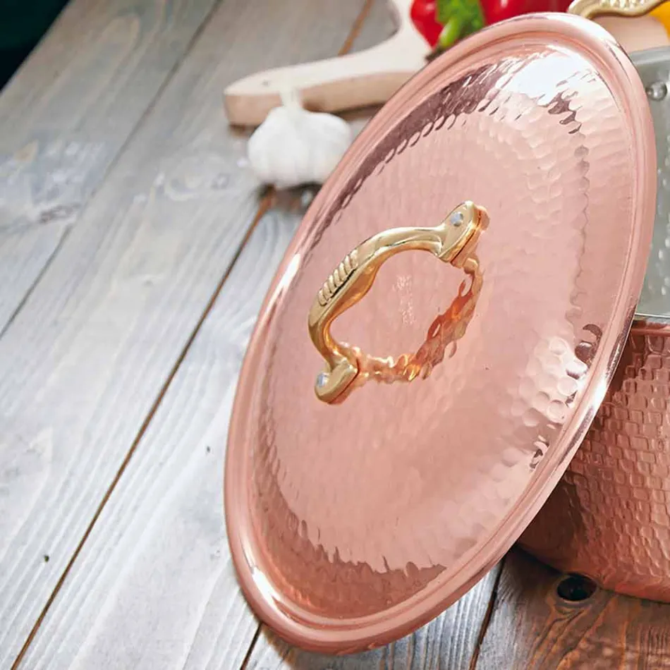 Rund panna i konserverad koppar för hand med handtag och lock 40 cm - Gianluigi Viadurini