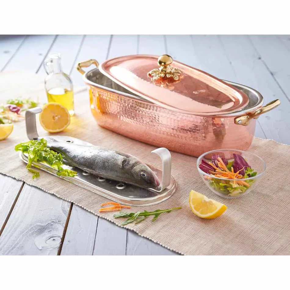 Fiskkruka i italiensk handgjord konserverad koppar med lock 44 cm - Mariapia Viadurini