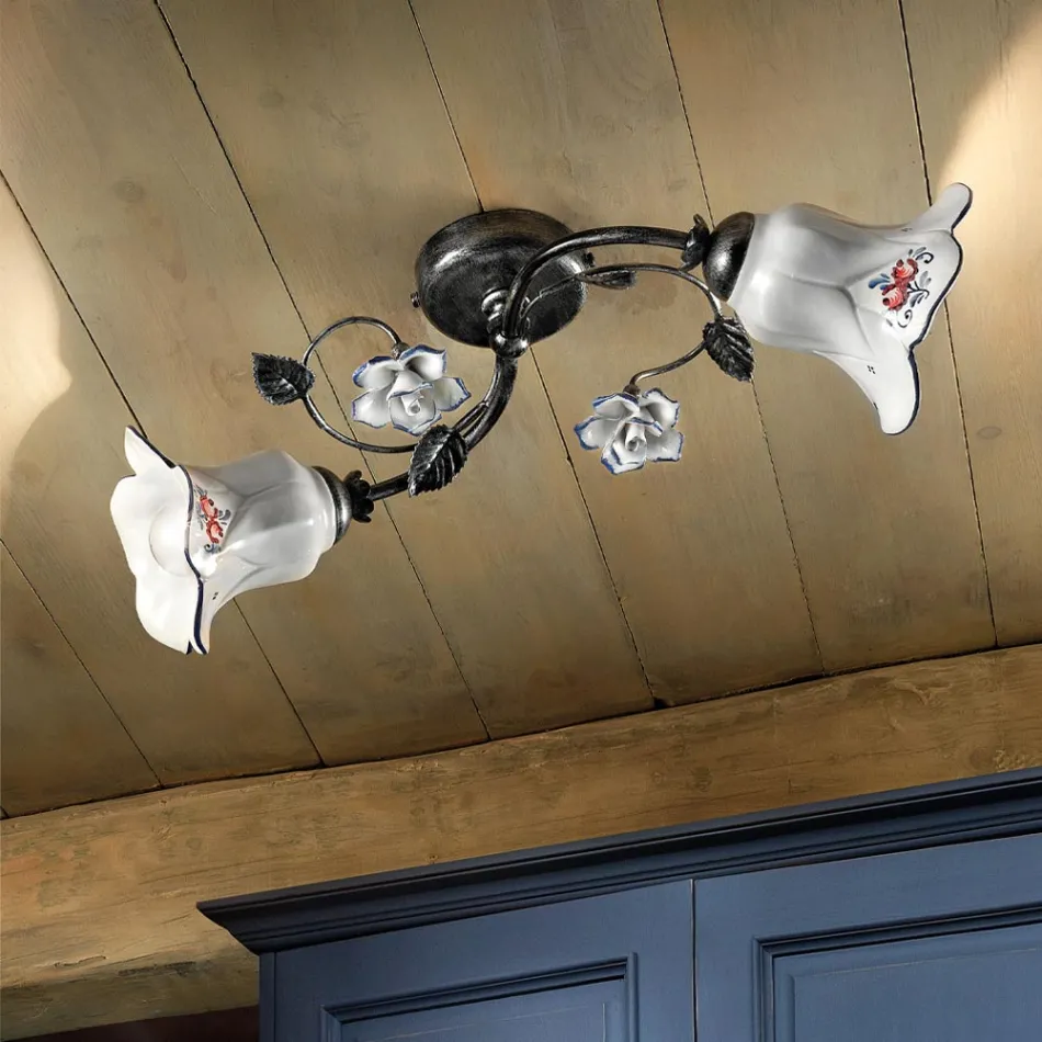 2 lampor Taklampa i metall och keramik med handmålade rosor - Pisa Viadurini