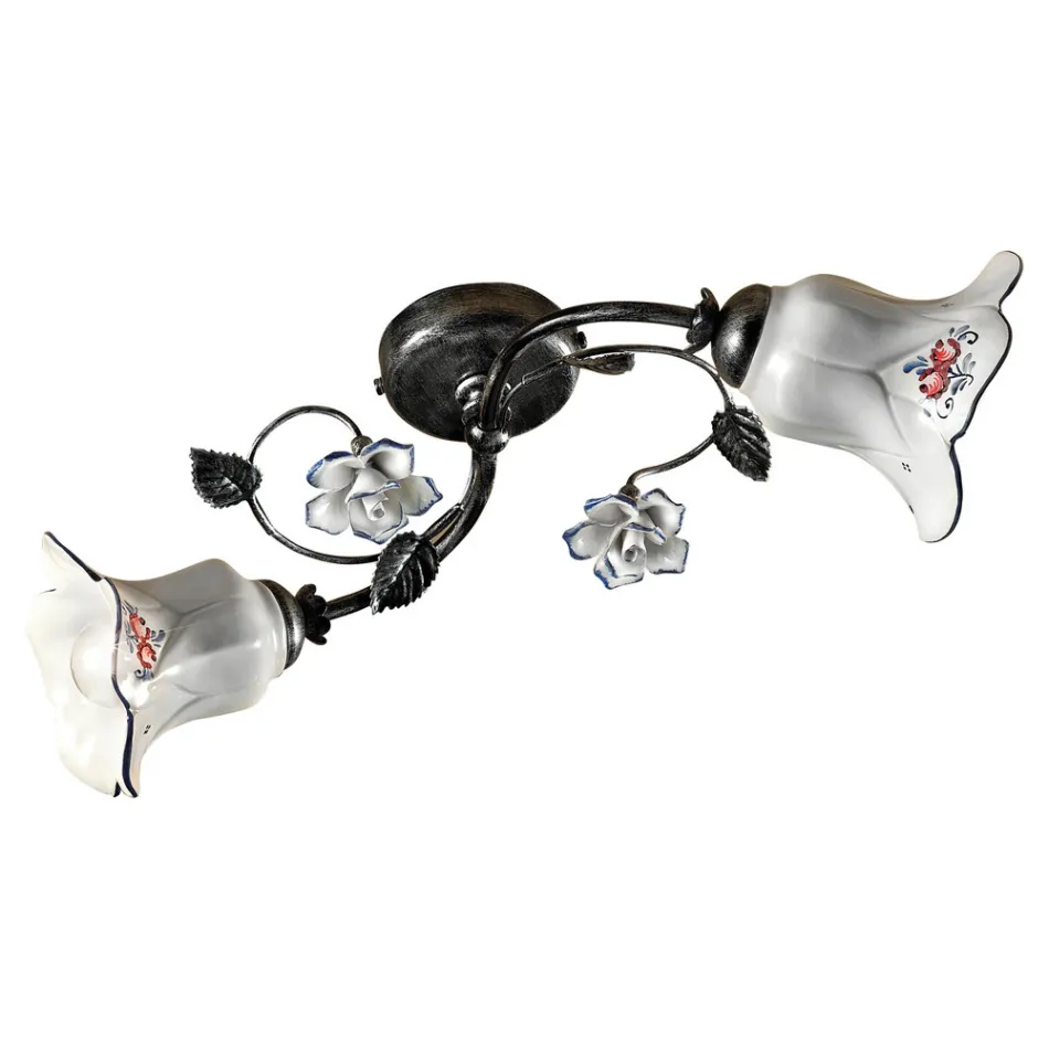 2 lampor Taklampa i metall och keramik med handmålade rosor - Pisa Viadurini