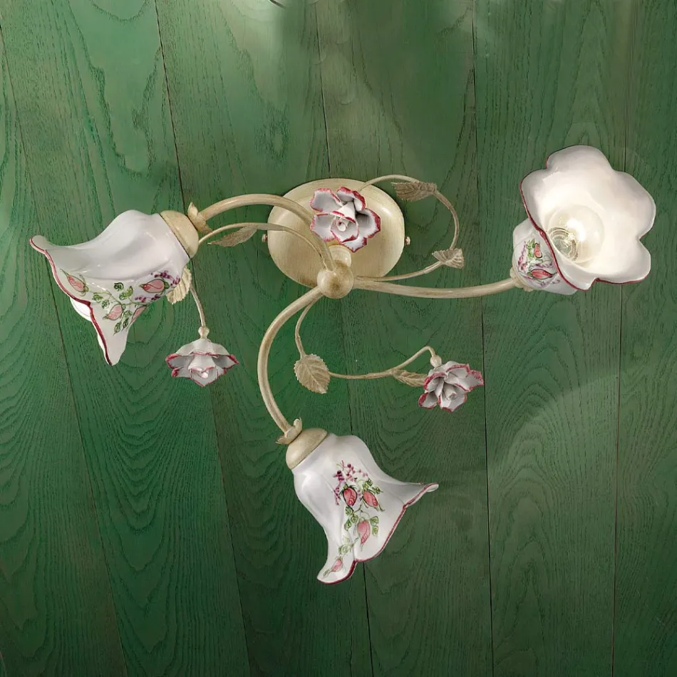 Taklampa 3 lampor Metall och keramik Handmålad röd tråd - Pisa Viadurini