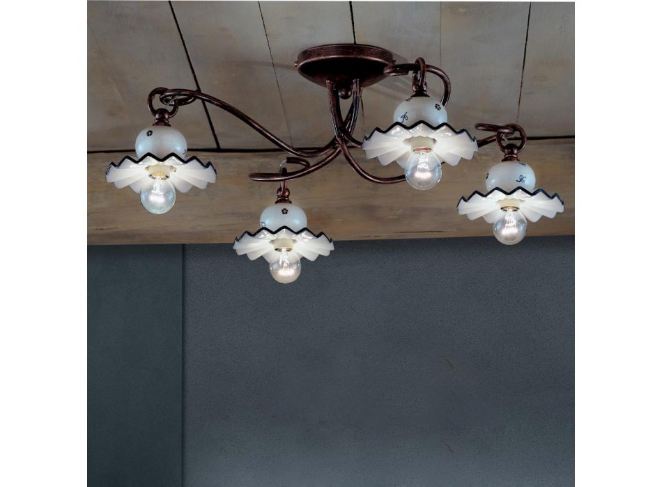 Taklampa med 3 eller 4 lampor i handdekorerad hantverkskeramik - Rom Viadurini