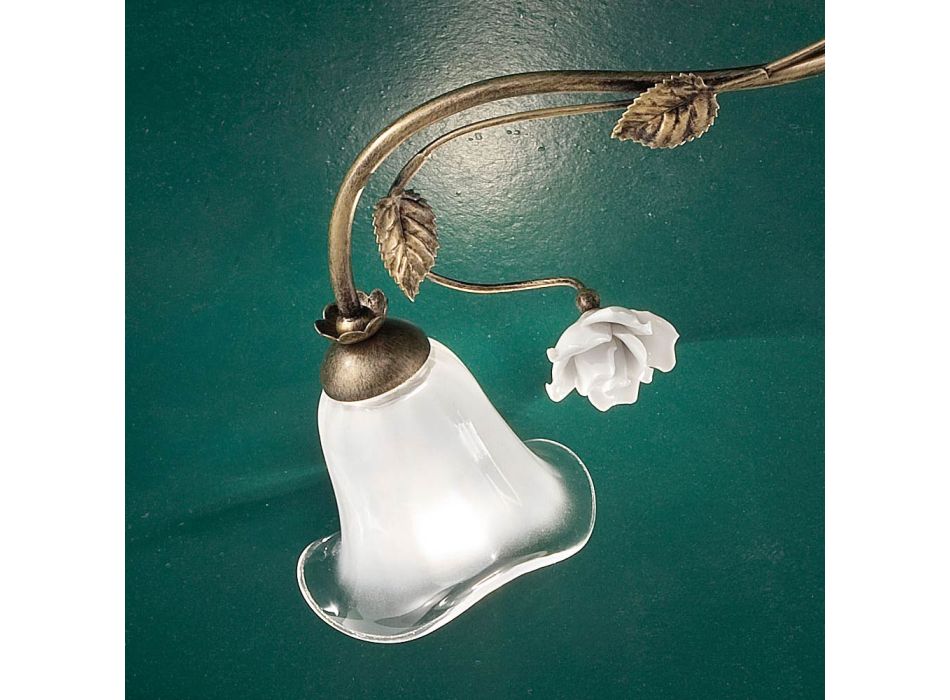 Vintage 6-Lights taklampa i järn, glas och keramiska rosor - Siena Viadurini