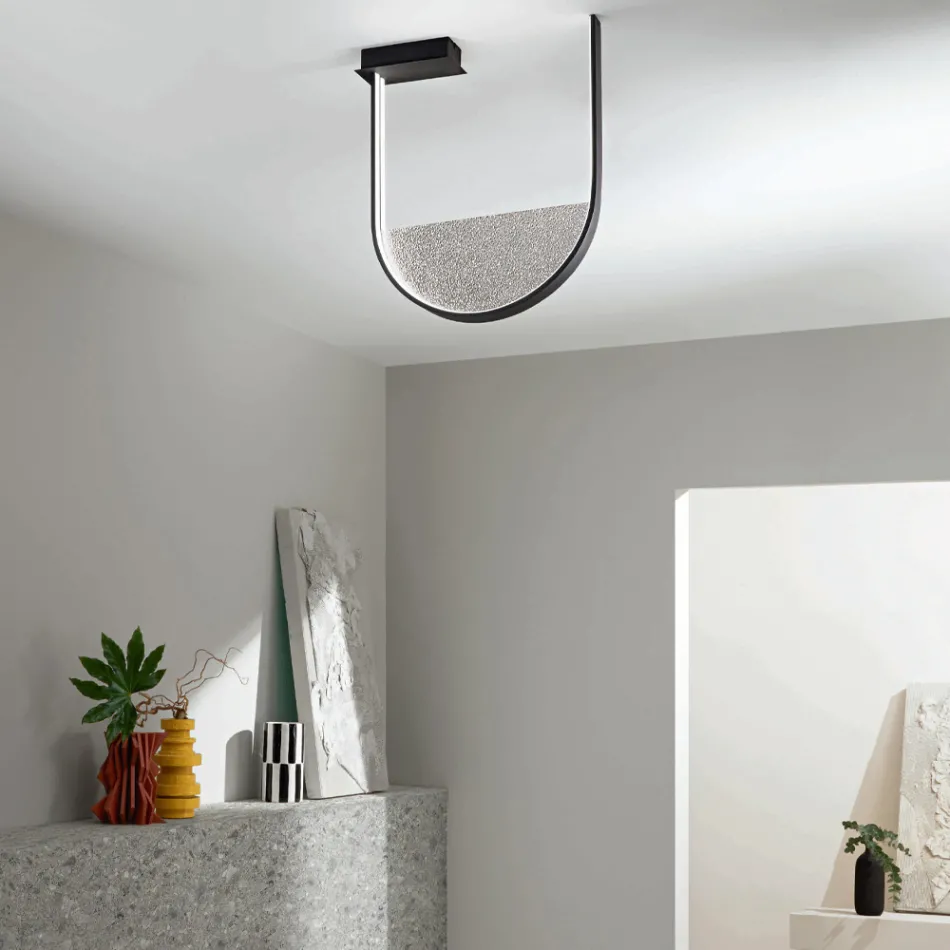 Taklampa i målad metall och löstagbar insats i granulerat glas - Catalpa Viadurini