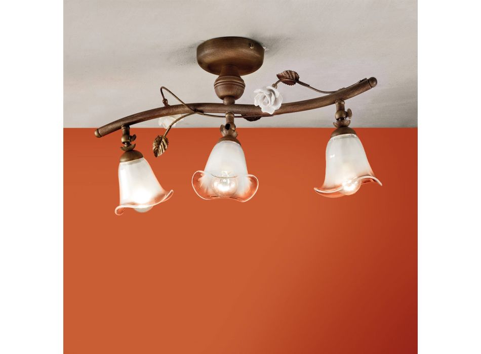 Linjär taklampa med 3 lampor i järn, glas och keramiska rosor - Siena Viadurini