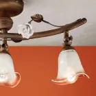 Linjär taklampa med 3 lampor i järn, glas och keramiska rosor - Siena Viadurini