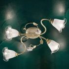 Vintage taklampa 3 eller 4 lampor i järn, glas och keramiska rosor - Siena Viadurini