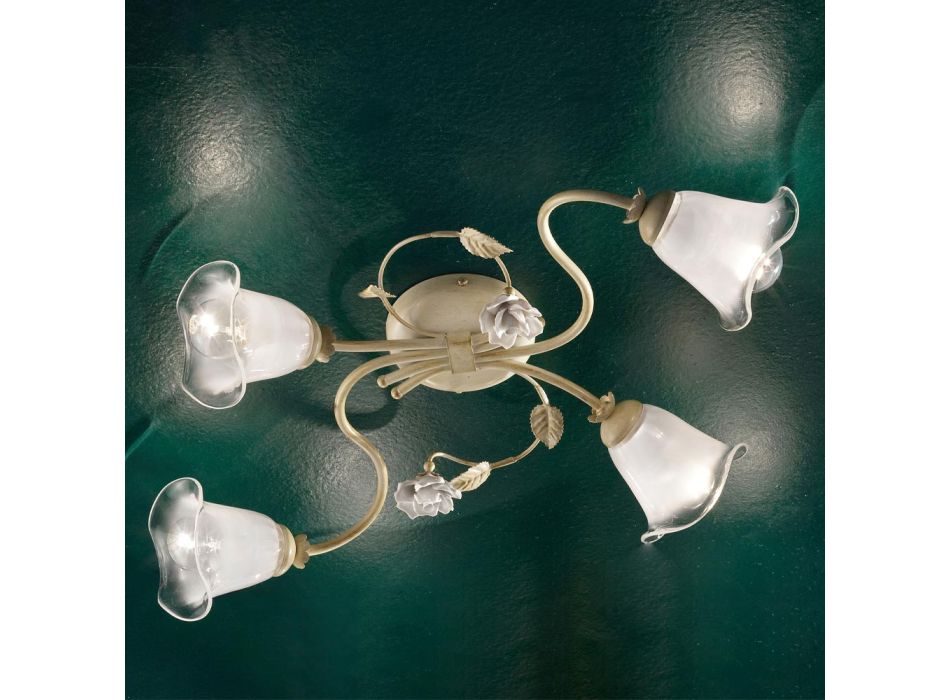 Vintage taklampa 3 eller 4 lampor i järn, glas och keramiska rosor - Siena Viadurini