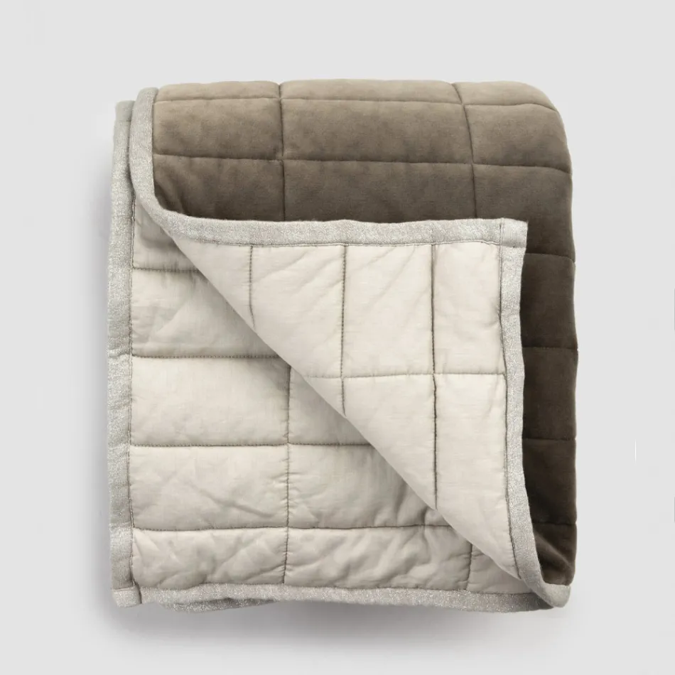 Pläd i bomullssatin och chenille med lurex, krita eller retrokant - Tortoro Viadurini