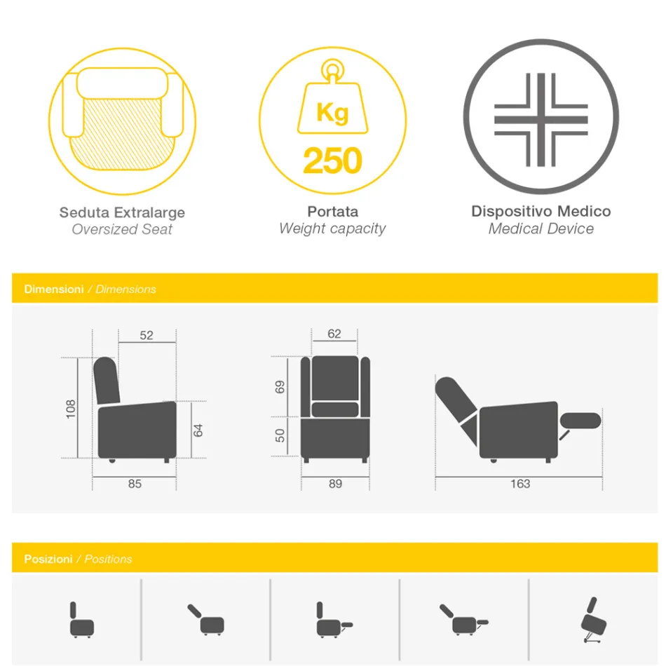 Lyftfåtölj med extra stor sits i Made in Italy-tyg - Margaret Viadurini