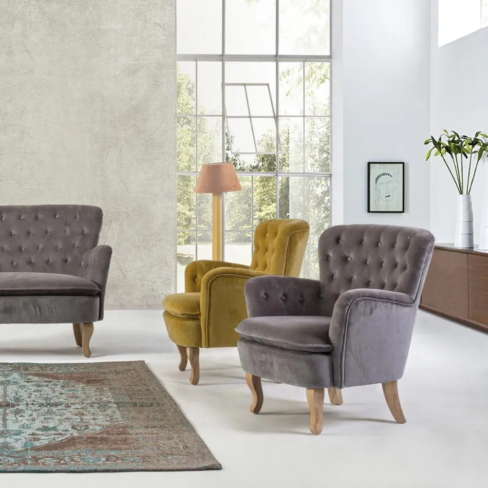 Klassisk fåtölj i trä och vadderad sits i quiltad bomull - Monny Viadurini