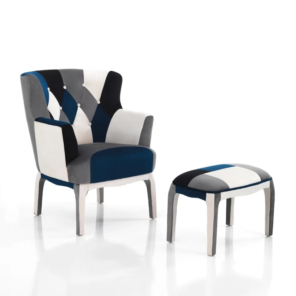 Fåtölj med sittpuff i Patchwork-tyg - Bromo Viadurini